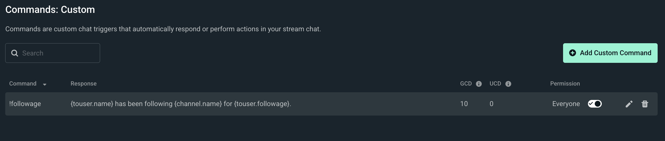 Example of custom followage command set in the Cloudbot settings dash